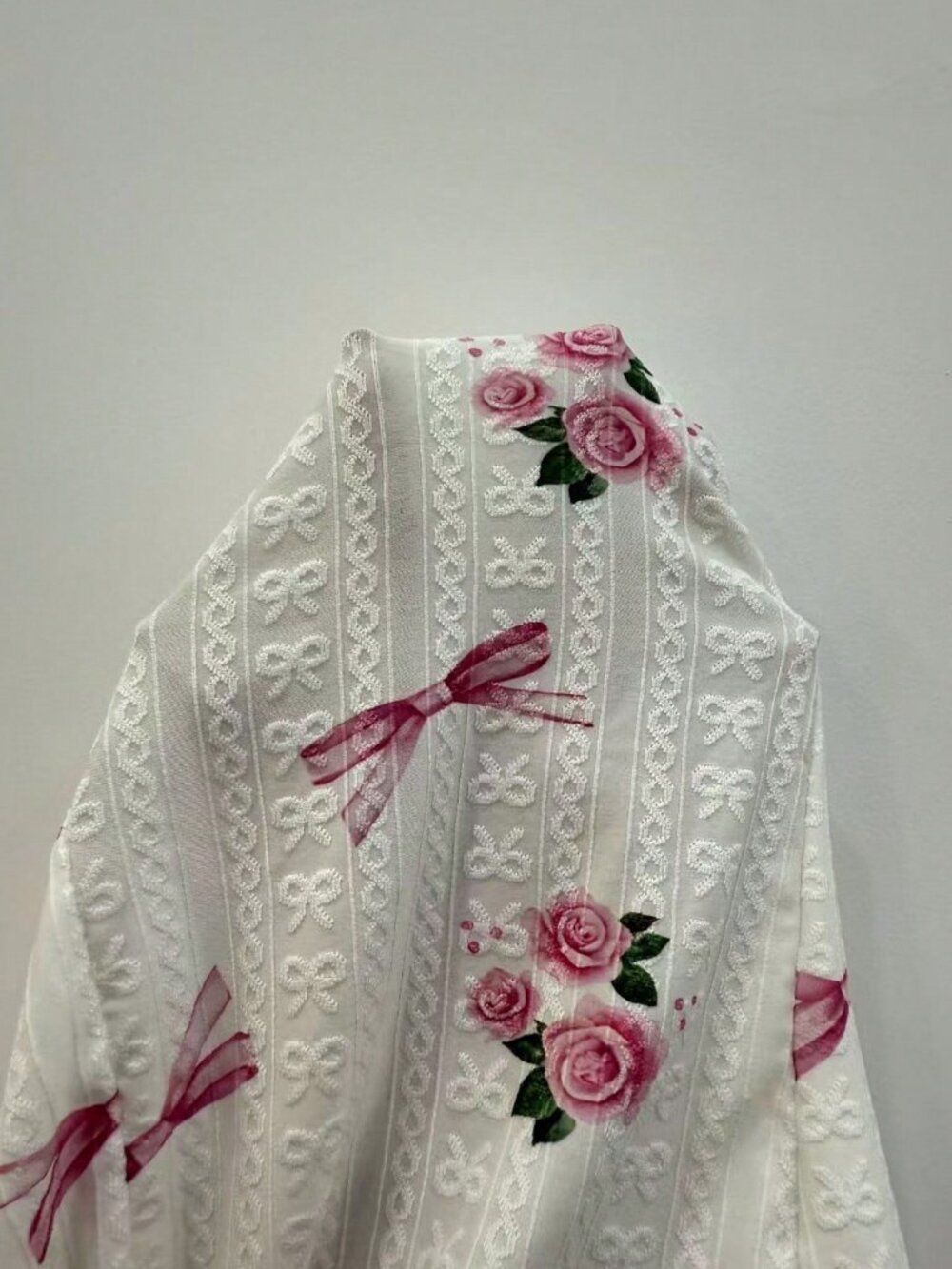 White Romantic Women's Backless Bow & Rose Print Cozy romper Pajamas - Picture 6 of 6